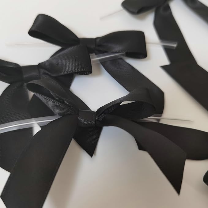 50pcs 2-1/2" Black Satin Ribbon Bows with Twist Tie Bows for Christmas Gift Packing&Wrapping (Black)