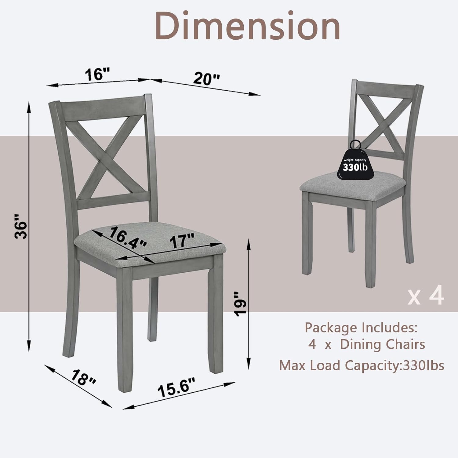 Ball & Cast Wood Frame Dining Chairs Set of 4, Modern Linen Upholstered Kitchen-Chairs with Padded Seat, 330lb Heavy Duty X-Backrest Side Chair for Dining Living Room, Easy Assembly, Gray