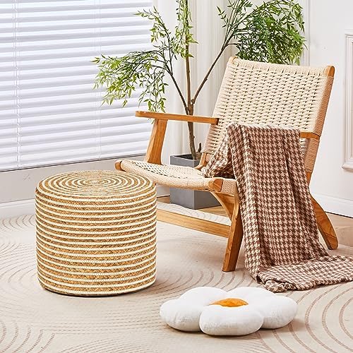 18'' Ottoman Pouf Natural Braided Poof Rustic Handweave Lounge Pouffe | Work as footrest extra guest seat vanity stool side table balcony lounge seat Ideal for living room bedroom dorm patio garden
