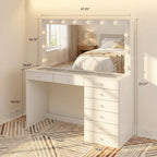 Boahaus Verona Large Vanity Desk with Framed Bulb Mirror – 8 Drawer Makeup Station with Integrated Power