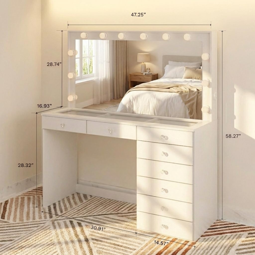 Boahaus Verona Large Vanity Desk with Framed Bulb Mirror – 8 Drawer Makeup Station with Integrated Power