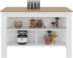 Kitchen Island with Open Storage Shelves for Home Organization | White and natural oak finish with open shelving for access