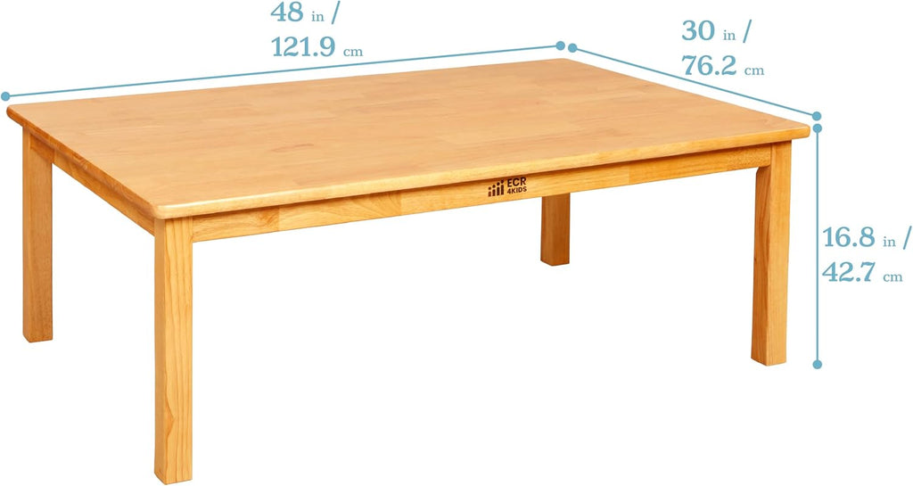 ECR4Kids 30in x 48in Rectangular Hardwood Table with 16in Legs and Four 8in Chairs, Kids Furniture, Honey, 5-Piece | Durable rubberwood, GREENGUARD Gold Certified, ANSI/BIFMA Compliant, 2-3 years, 74 lb seat capacity, classroom & home use