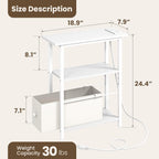 Narrow Side Table with Charging Station, Skinny End Table for Small Spaces, Thin Sofa Side Table with 1 Fabric Drawer, Slim Nightstand for Living Room, Bedroom, White