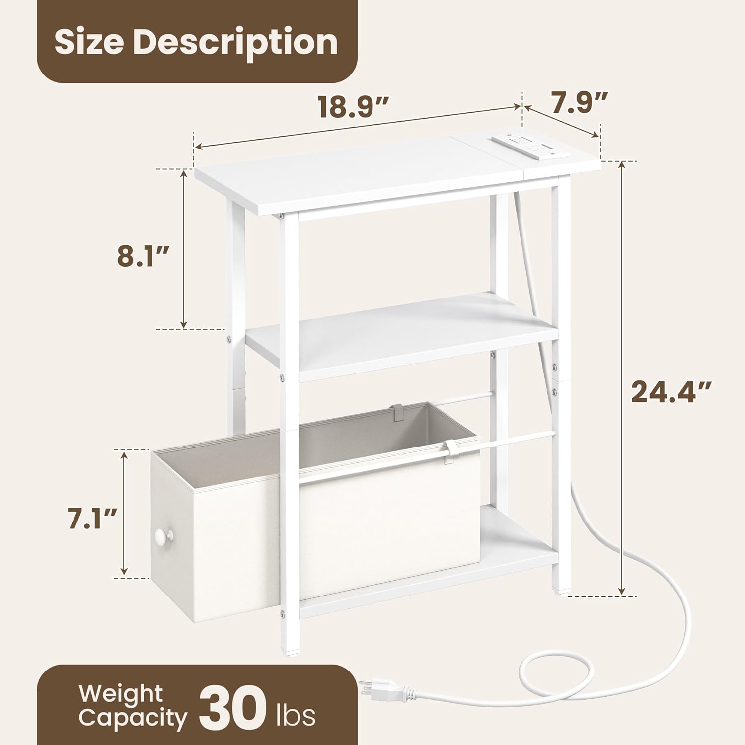 Narrow Side Table with Charging Station, Skinny End Table for Small Spaces, Thin Sofa Side Table with 1 Fabric Drawer, Slim Nightstand for Living Room, Bedroom, White