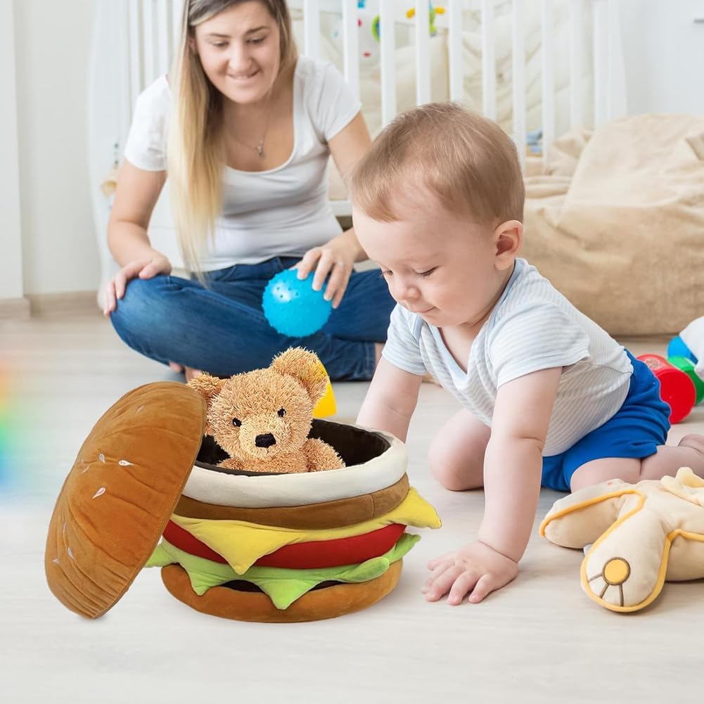 Small Storage Ottoman Hamburger Shaped Seat Cushion for Bedroom Entryway,Upholstered Foot Rest Stool Entrance Shoe Changing Stool,Home Decor