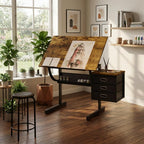 Wood Adjustable Drafting Table with Stool & 3 Drawers, Tilting Art Desk for Drawing & Crafting, Multi-Functional Study & Office Desk