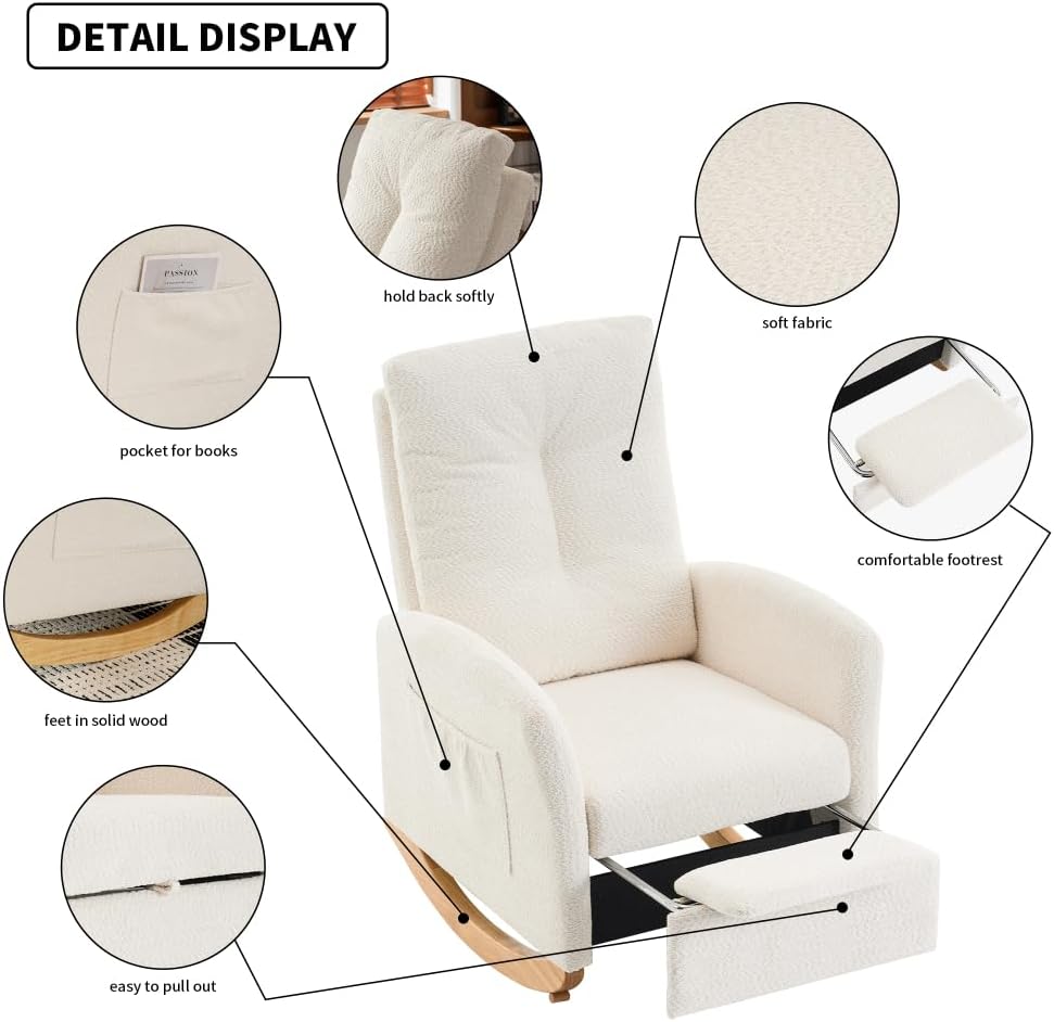 Chair with Footrest High Back Rubber Wood Rocking Legs Bedroom Living Space (Beige + Wood)