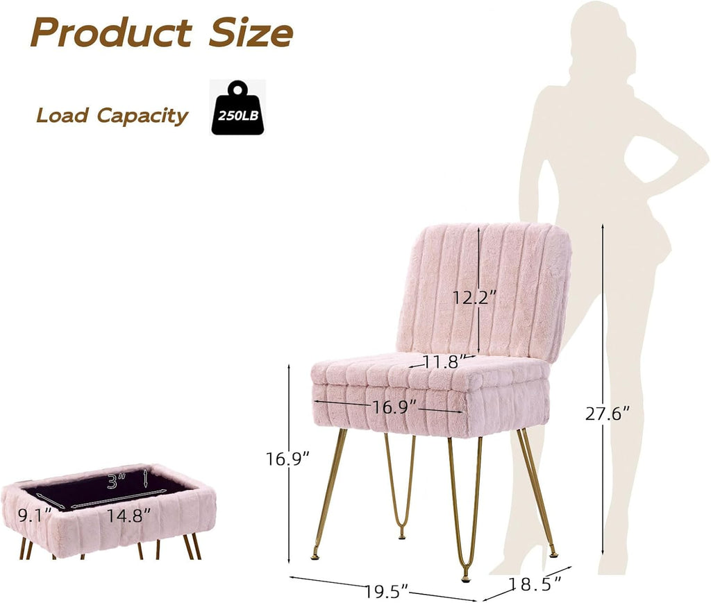 Vanity Chair with Storage | Comfy Ottoman with Folding Back | Faux Fur Vanity Stool with 4 Metal Legs for Make Up | Furry Padded Seat with Anti-Slip Feet for Bedroom Dressing Room | Pink