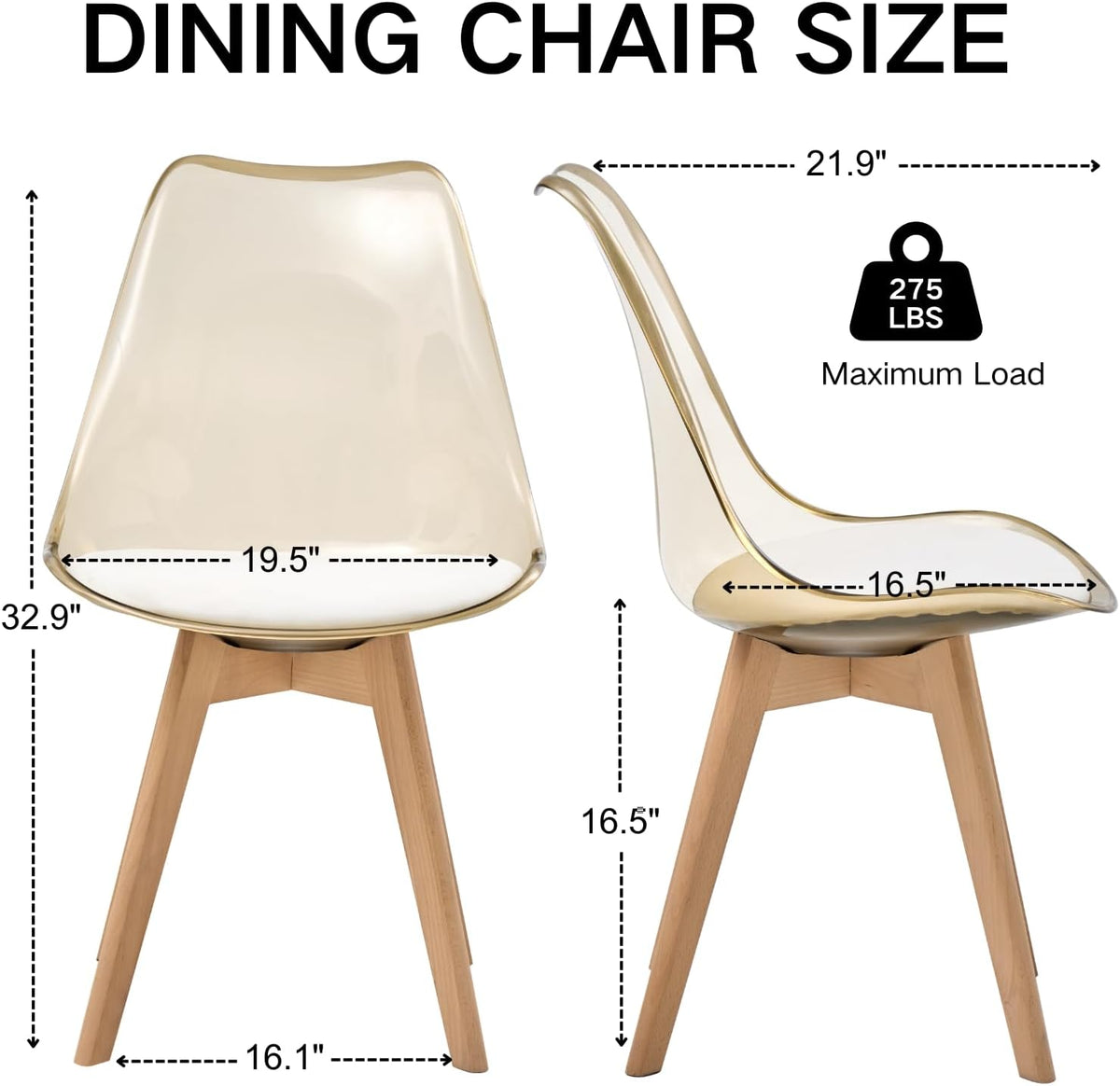 Dining Chairs Set of 4, Acrylic Mid Century Chairs, Light Brown | Clear Acrylic Backrest With Soft Padded Seat, Sturdy Wooden Legs. Ideal For Kitchen And Living Room