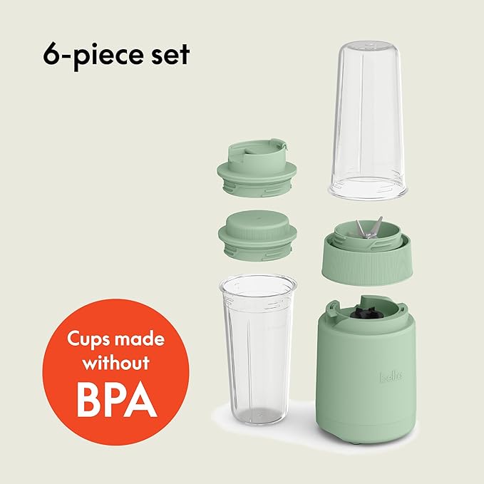bella 6 Pcs Portable Rocket Blender, Juicer & Smoothie Maker, Press & Twist Design, EverGood™ & BPA Free Dishwasher Safe Parts, 4 Tip Stainless Steel Blade, Cord Wrap, 240 Watt Motor, Seaglass