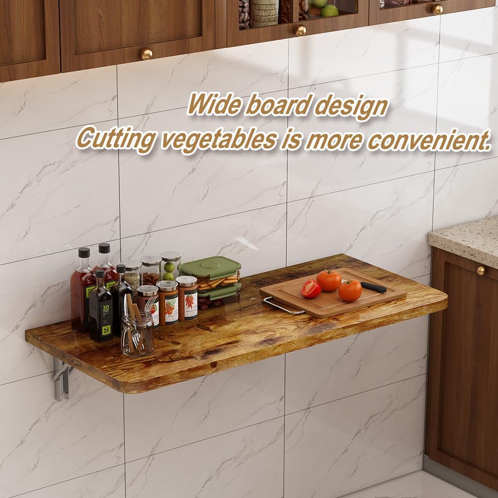 Rustic Wall Mounted Folding Table, Solid Wood Floating Desk with Stainless Steel Brackets, Space Saving Shelf for Home Office, Kitchen, Dining, Laundry Room (60X40cm / 23.63"X15.75")