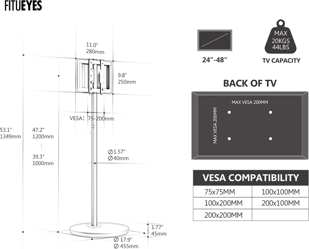 FITUEYES Small Rolling TV Cart for 24-48 Inch TVs, Height Adjustable, White | Minimalist Modern TV Floor Stand on Wheels, Fits Max VESA 200x200mm, Portable Smart Television Cart for Study, Master Series