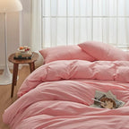 FACE TWO FACE Bedding Duvet Cover Set100% Washed Cotton Duvet Cover Linen Like Textured Breathable Durable Soft Comfy (Queen, Light Pink)