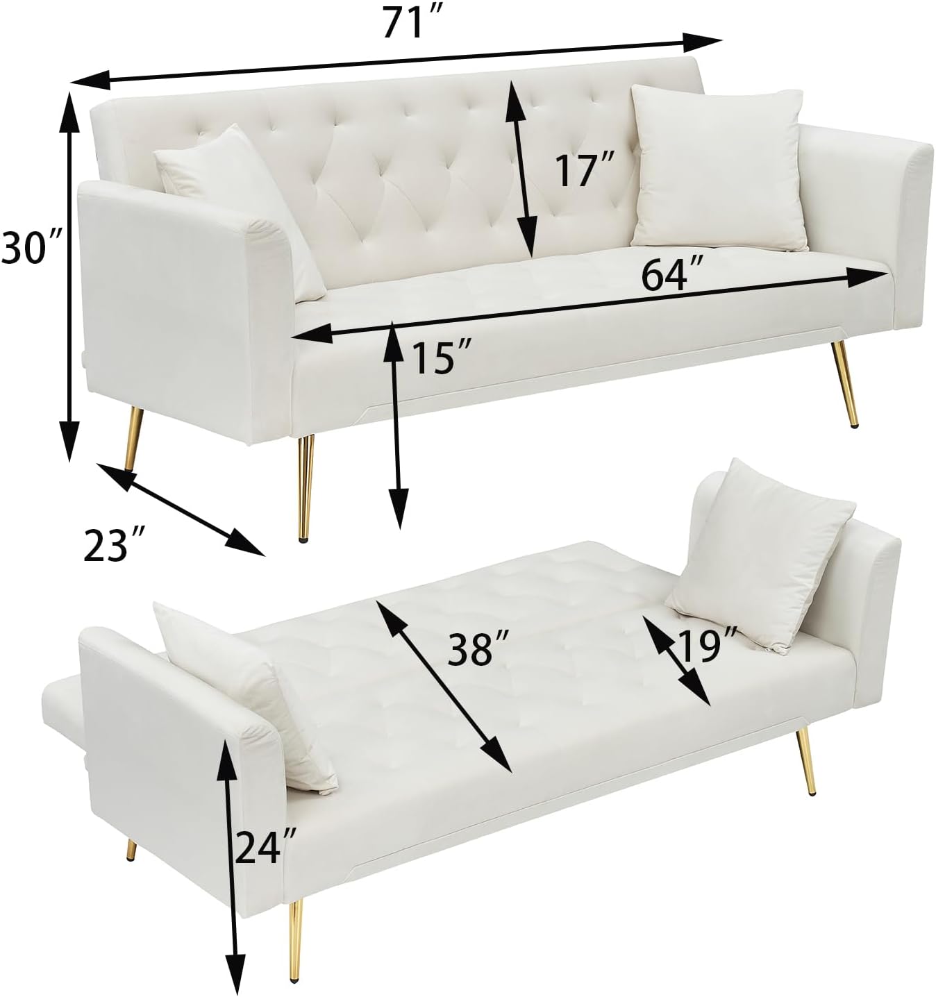 71" Modern Velvet Sofa Bed Futon, Convertible Sleeper Couch, Adj. Backrest | Tufted Recliner Loveseat Design with Golden Chrome Legs & 2 Pillows, Perfect for Small Spaces, Living Room, Apartment