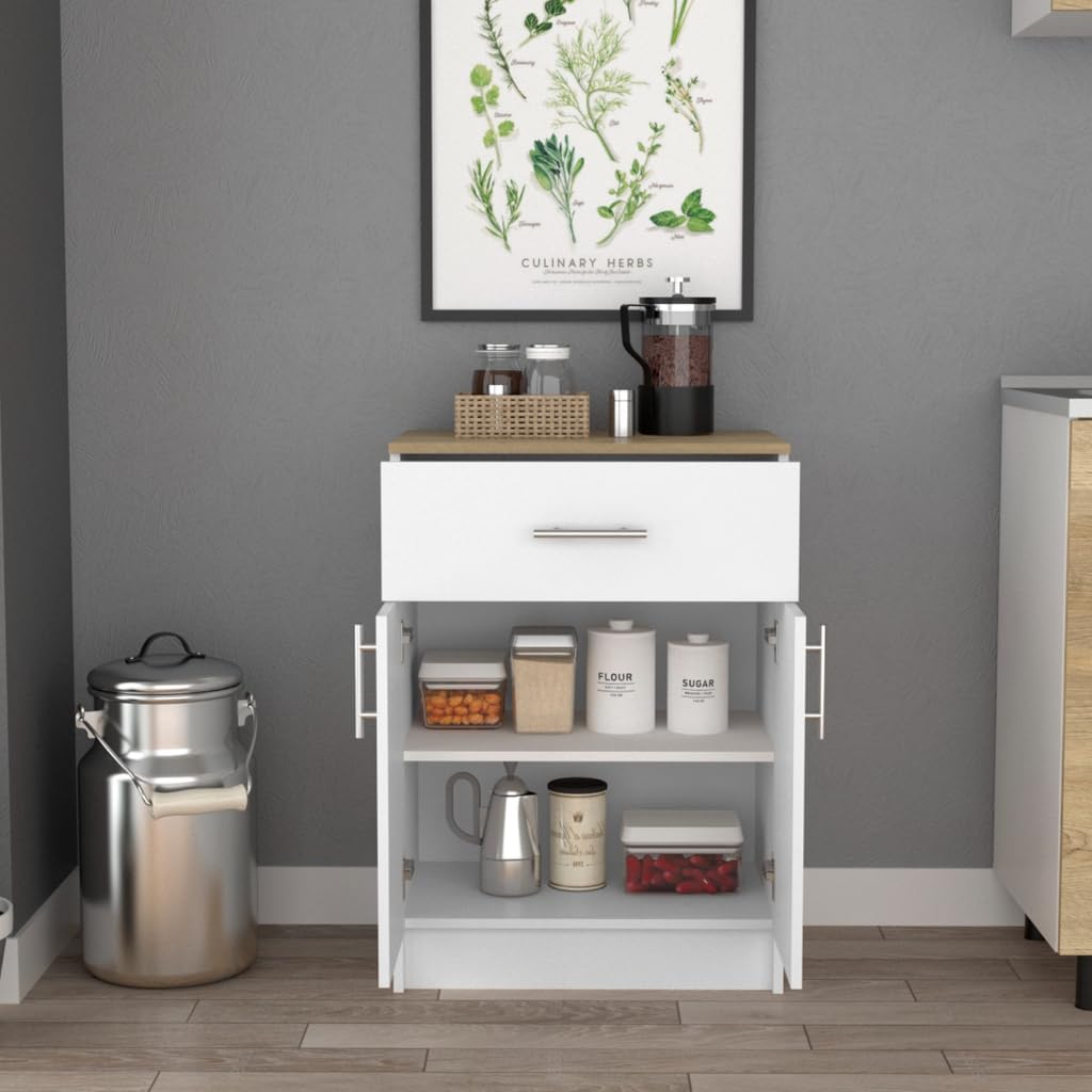 DEPOT E-SHOP Barbados Pantry Organizer Cabinet with One Drawer, Two Interior Shelves, and Two Doors, 33" H, White/Light Oak, Kitchen