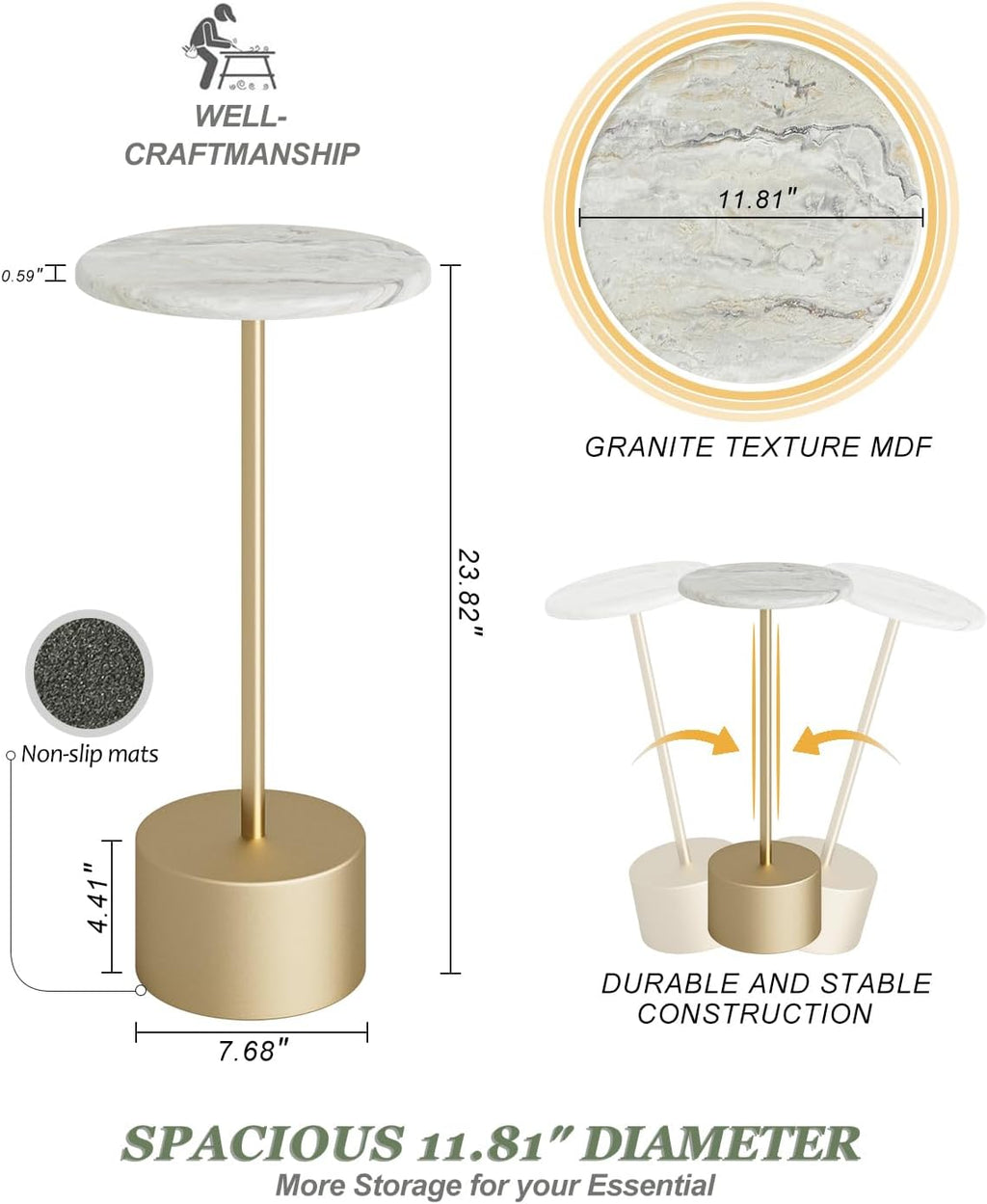 Drink Table Pedestal, Round Side Table, Drink Tables for Small Spaces, Pedestal End Table, Small Pedestal Table (Gold)