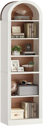 RALGEND Arched Bookshelf, 75.8" Tall Narrow Bookshelf, Arch Bookcase with Storage, 6-Tier Farmhouse Book Shelf, Wooden Arched Cabinet with Open Display Shelves, Adjustable Shelf, Walnut and White