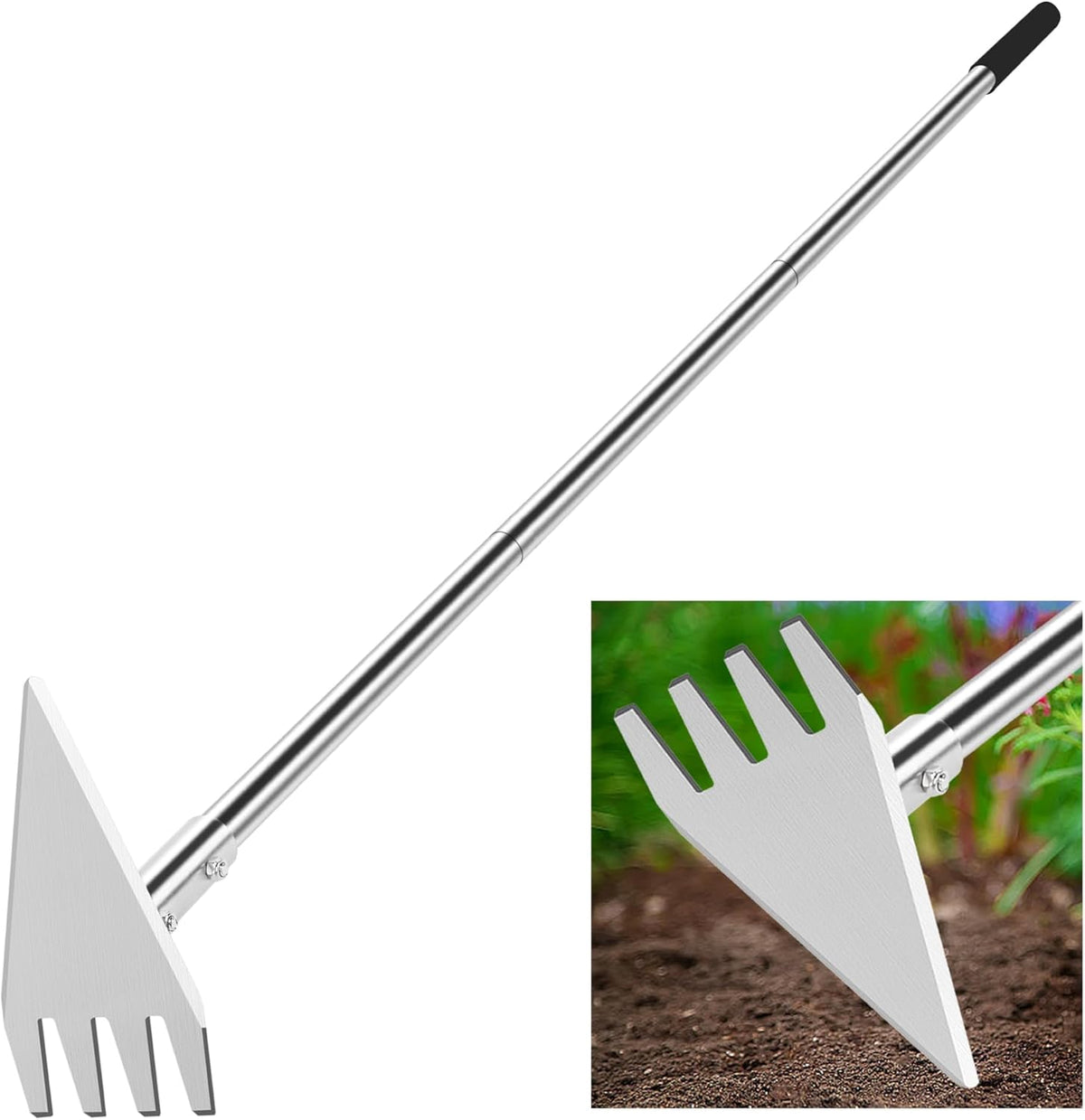 Dual Headed Hoe Garden Tool, Adjustable Long Handle Weed Puller, Stainless Steel Hoe Cultivator and Weed Rake Gardening Tool, for Gardening Planting, Weeding, Digging, Loosening Soil