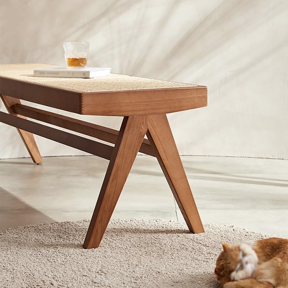 Entryway Stool Rattan Wooden Shoe Bench Bedroom Bedside Bench Wabi-sabi Style Retro Long Bench Shoe Changing Stool