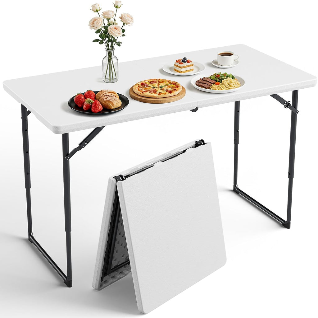 Folding Table 1 Pack, 4FT Folding Table with Adjustable Height, Heavy Duty Plastic Foldable Table Portable, Steel Legs Supports to 300lbs, Suitable for Party, Camping, Events Indoor&Outdoor Use, White