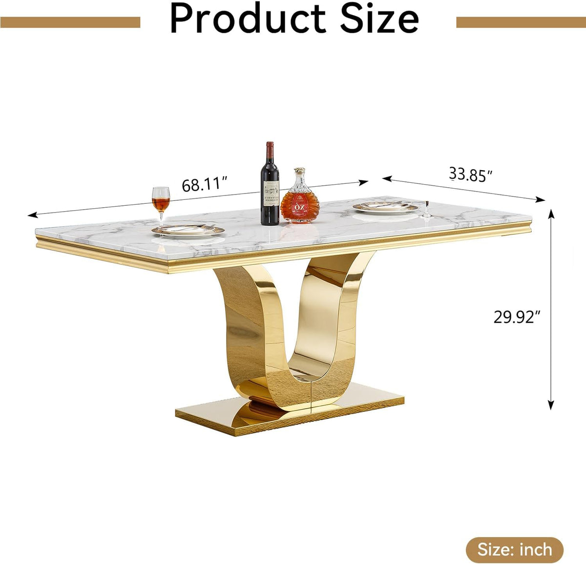 White Marble Dining Table for 6 Modern Luxury Faux Marble Kitchen Table for 6, 68" Large Dining Room Tables with U-Shape Gold Stainless Steel Base