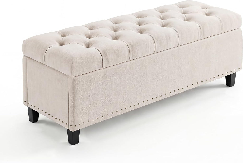 51" Extra Large Storage Ottoman Bench, Supports 660lbs End of Bed Storage Bench with Button-Tufted Upholstery and Safety Close Hinge, Upholstered Bench for Living Room, Bedroom, Entryway - Beige