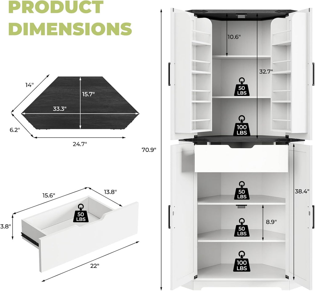 Dripex 71" White Corner Pantry Cabinet, Farmhouse Tall Storage Cabinet with Doors, Adjustable Shelves & LED Light, Kitchen Food Cabinet for Living/Dining Room