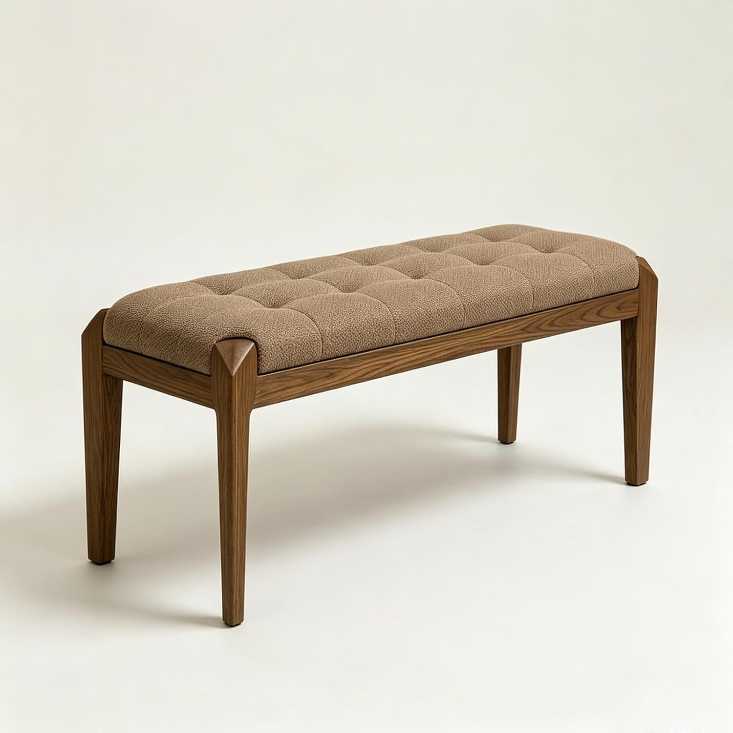 Lartis Solid Wood Dining Bench, Grid Quilted Button Tufted Cotton Linen Upholstered Bench, Angular Tapered Wooden Legs, Padded End of Bed & Entryway Bench, Easy Leg Assembly
