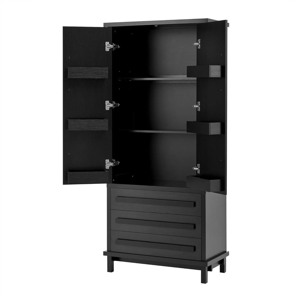 70" Tall Kitchen Pantry Cabinet, Wood Freestanding Storage Cupboard with 2 Cabinet Shelves, 6 Door Shelves and 4 Drawers, Multi-Purpose Storage Cabinet for Kitchen & Dining Room,Black