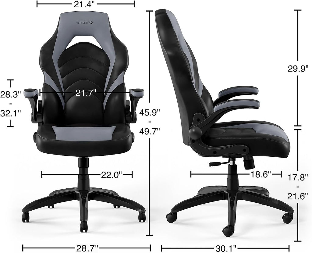 STAPLES Emerge Vortex Gaming Chair, Adjustable Height, Swivel Black | Racing-style design with sturdy swivel base, ideal for gaming or office desk setups.