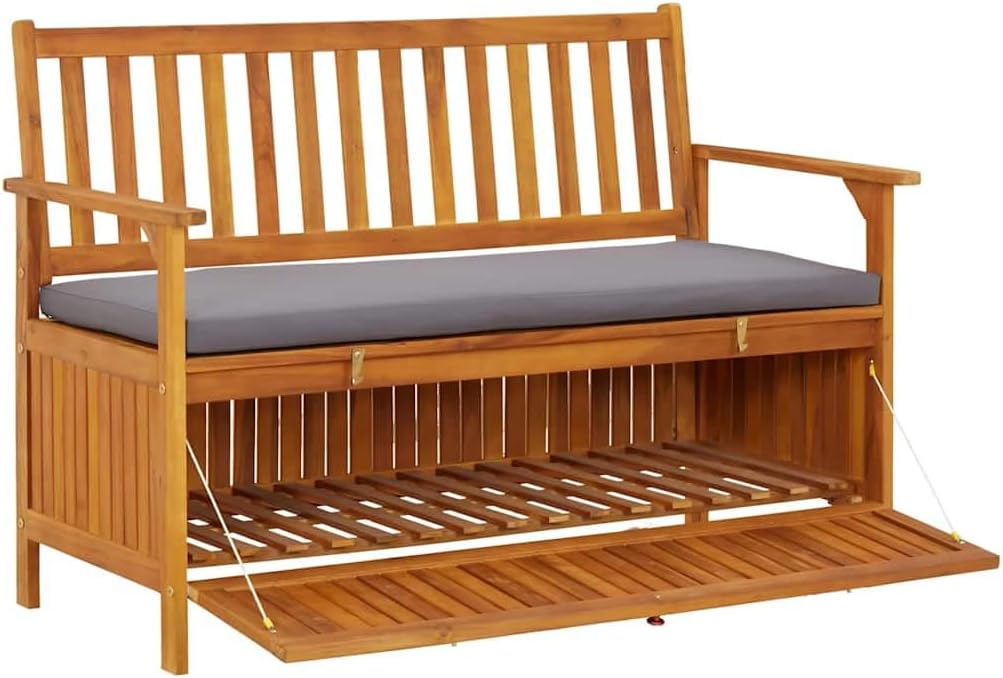 Patio Storage Bench with Cushion, 47.2 Inch Solid Acacia Wood Outdoor Garden Seating with Hidden Compartment, Gray