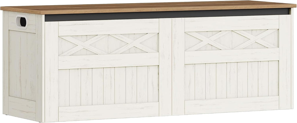 Hzuaneri 47.2" Storage Chest, Large Storage Bench with 2 Hinges, Farmhouse Wooden Box Bench, Lift-Top Organizer Chest, Wooden Bed End Bench, Suitable for Entryway, Bedroom, Retro White SB51214X