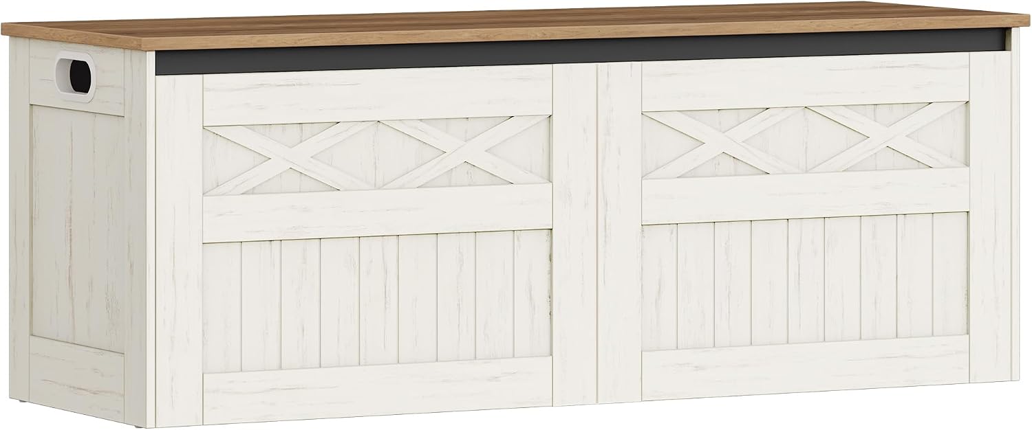 Hzuaneri 47.2" Storage Chest, Large Storage Bench with 2 Hinges, Farmhouse Wooden Box Bench, Lift-Top Organizer Chest, Wooden Bed End Bench, Suitable for Entryway, Bedroom, Retro White SB51214X