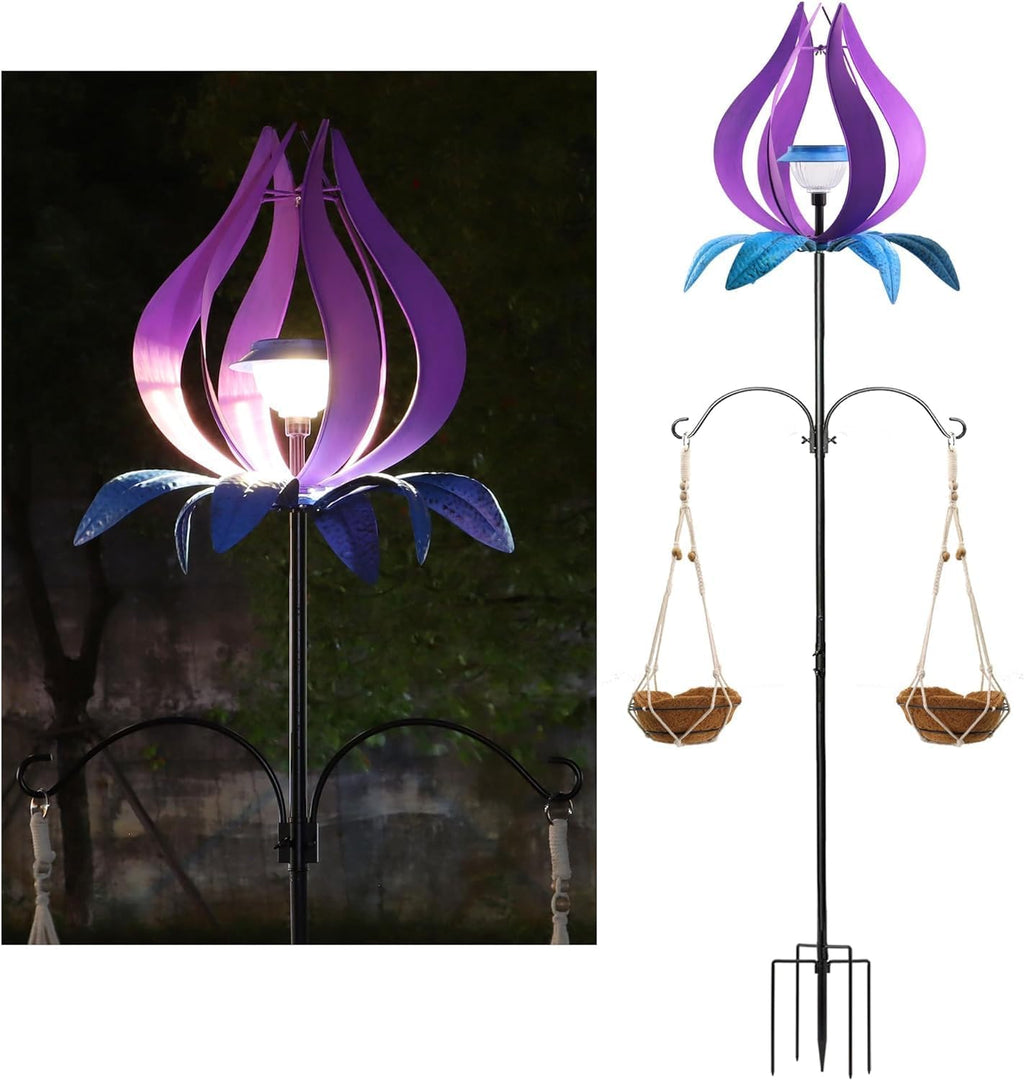 Multifunction Solar Wind Spinner Outdoor with Shepherd Hooks MANORTANG 83 Inch Metal Large Landscape Light Double Coconut Basket LED Windmill Outdoor Decoration for Yard Garden Lawn Patios (Purple)