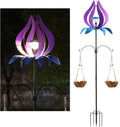 Multifunction Solar Wind Spinner Outdoor with Shepherd Hooks MANORTANG 83 Inch Metal Large Landscape Light Double Coconut Basket LED Windmill Outdoor Decoration for Yard Garden Lawn Patios (Purple)