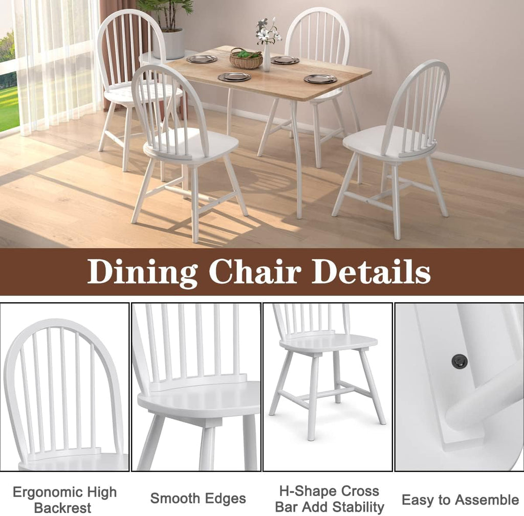 COSTWAY Windsor Dining Chairs Set of 2, Mid-Century Modern Wood Chairs w/Spindle Back & Reinforced H-Shaped Legs, Farmhouse Armless Kitchen Chair for Living Dining Room, Restaurant (White)