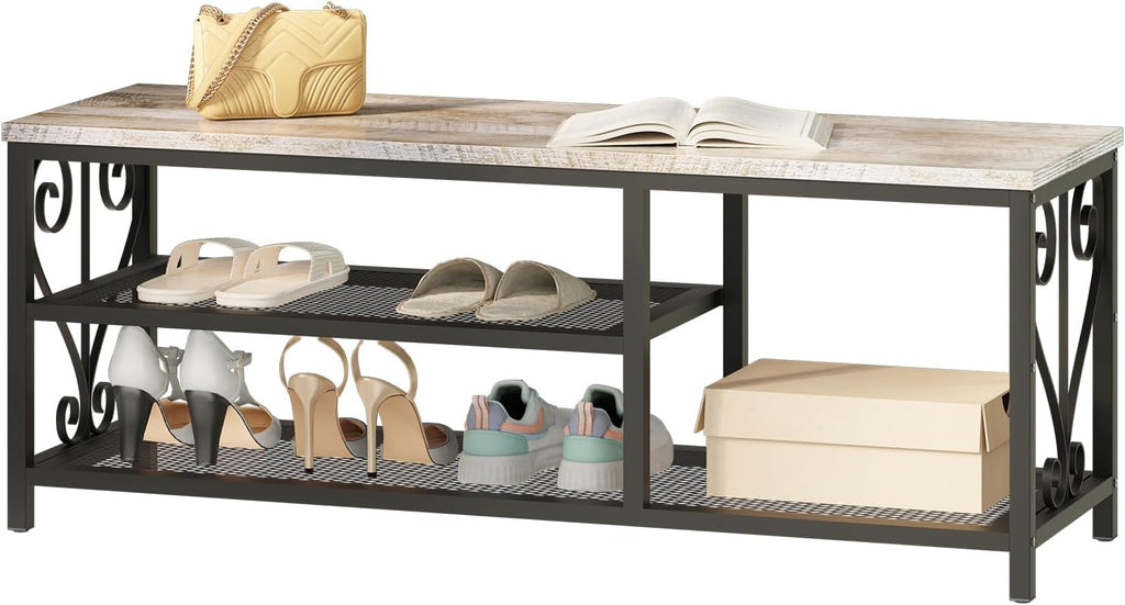 Entryway Storage Bench with Shoe Rack, 47.2" Wide Hallway Bench with Seating, Rustic Wood Top & Metal Frame, 2-Tier Shoe Organizer for Entryway, Bedroom, or Living Room, Weathered Wood