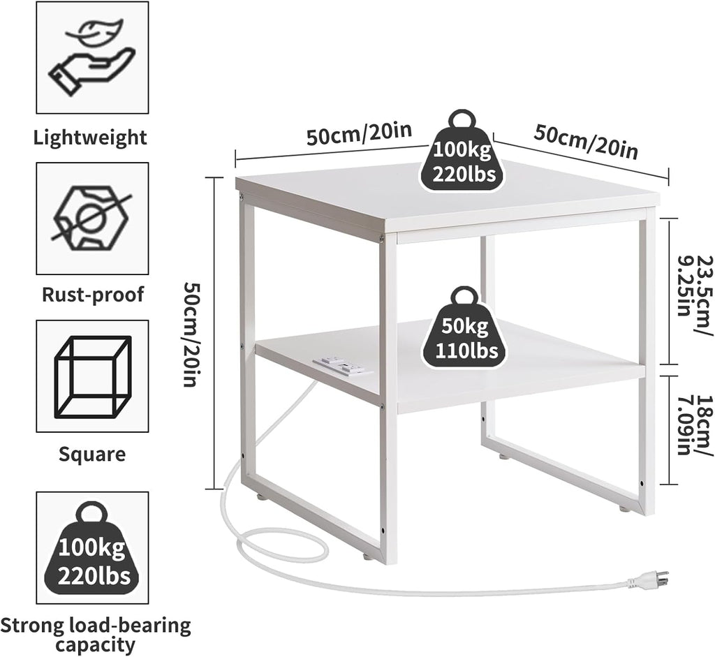 Aibiju Living Room Large Side Table, End Table with Charging Station, Refrigerator Stand Printer Table with Adjustable Shelves, Office Square Coffee Table with USB Ports White YD-TM153WD