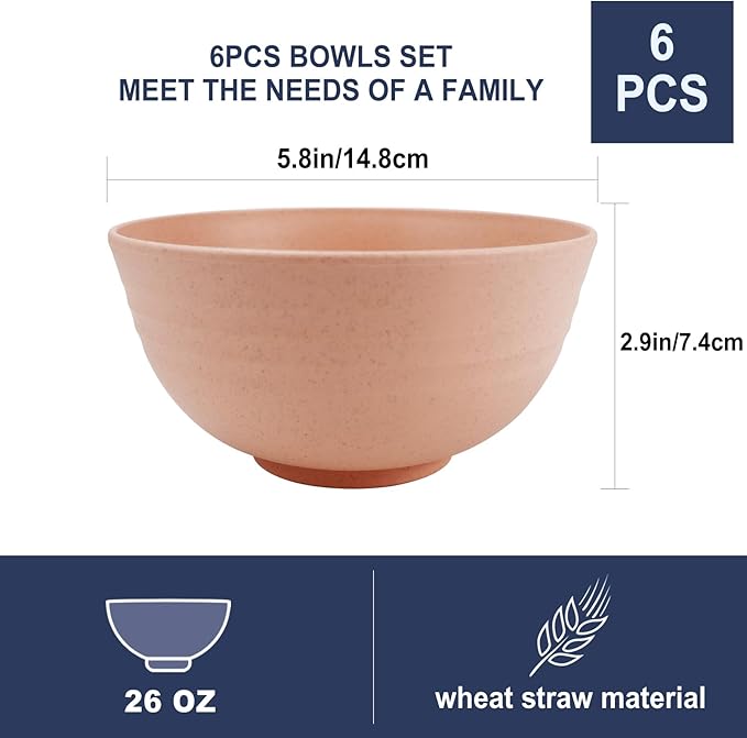 26 oz Wheat Straw Bowls Set of 6,Microwave & Dishwasher Safe Cereal Bowls for Kitchen,Lightweight Kids Bowls for Soup,Salad,Fruit,Snack and Oatmeal-Sweet Series