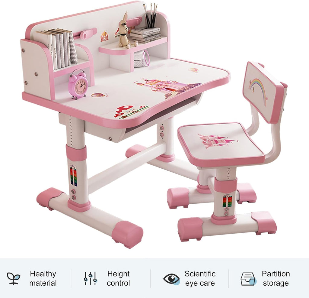 Kids Learning Desk Set Functional Desk and Chair Set Height Adjustable with Drawers and Storage Compartments Curved Desktop Cartoon Learning Desks and Chairs for Boys and Girls （Blue/ Pink） Pink