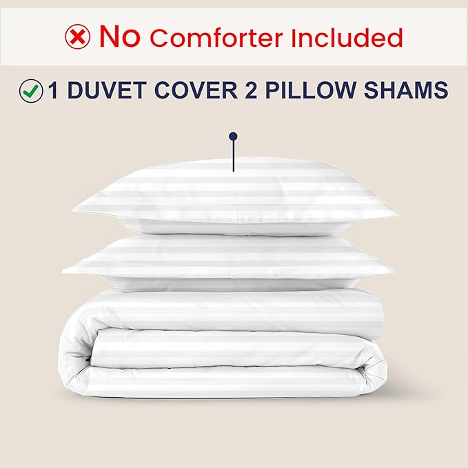 Kotton Culture 3 Pc California King Size Duvet Cover Set -100% Egyptian Cotton Sateen 600 Thread Count Ultra Soft Premium Durable Comforter Cover Zipper Closure & Corner Ties (Striped White,104"x98")