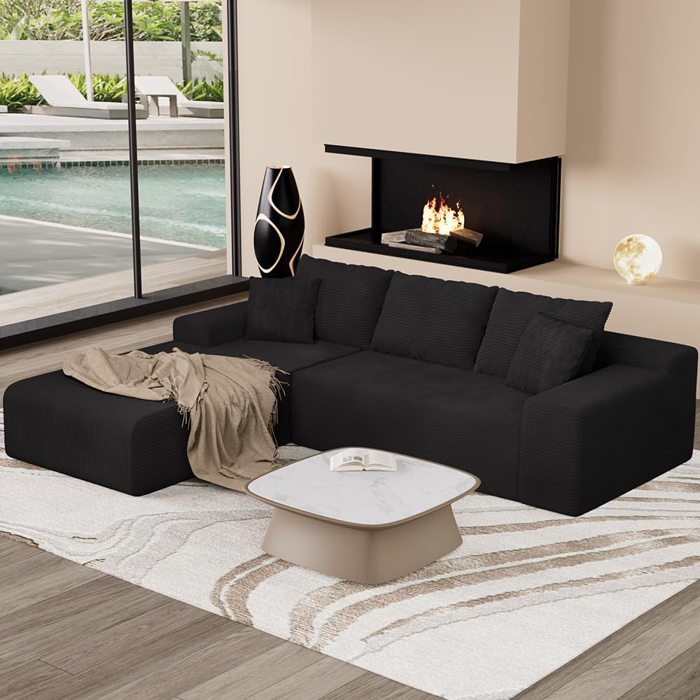 96" L Shaped Modular Sectional Sofa, Cloud Couch with Deep Seat Chaise, Compressed Memory Foam Corduroy Sofa, No Assembly, 3 Seater Couch for Living Room, Apartment, Bedroom, Black