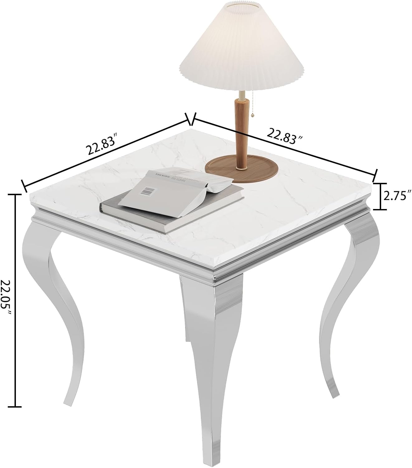 Henf 23in Square End Table Faux Marble End Table w/Stainless Steel Legs,Luxury Sofa Side Table Tea Table for Living Room Office, Nightstand Bedside Table for Bedroom, White and Silver End Side Table