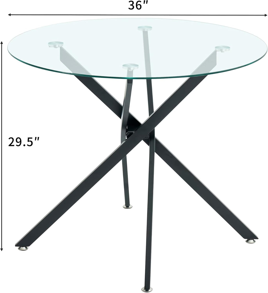 36" Round Dining Table for 4, Modern Clear Glass Kitchen Table for 4 with Black X Metal Legs, Contemporary Small Circle Dining Room Leisure Tables for Kitchen Apartment