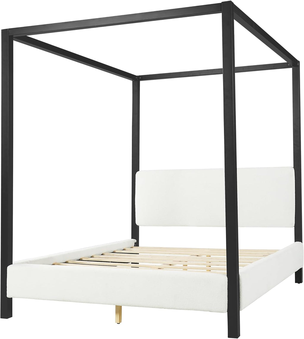 LUMISOL Queen Size Metal Canopy Bed with Upholstered Headboard, Modern Black Four Poster Bed Frame, Heavy Duty Canopy Platform Bedframe with Wood Slat Support & White Boucle Upholstery Fabric