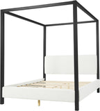 LUMISOL Queen Size Metal Canopy Bed with Upholstered Headboard, Modern Black Four Poster Bed Frame, Heavy Duty Canopy Platform Bedframe with Wood Slat Support & White Boucle Upholstery Fabric
