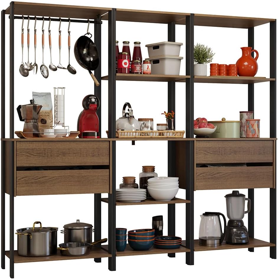 Madesa Kitchen Pantry Storage Rack with 4 Drawers, Open Shelves and Hanging Space 78" L Multiuse Modular Cabinet for Kitchen Organization - Black/Brown