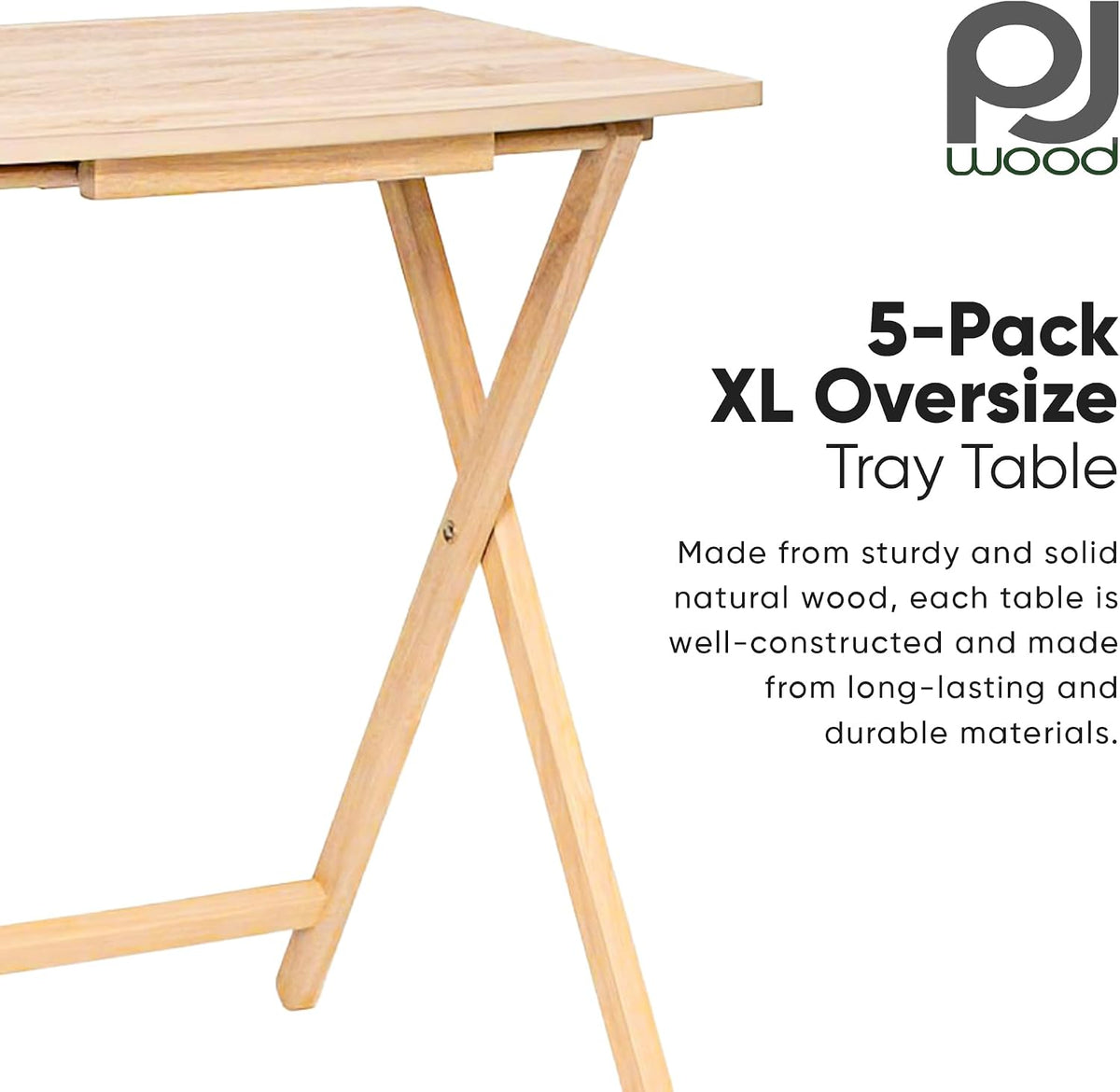 PJ Wood XL Oversize Tray Table, Natural Wood, 5-Pack | 33.2 lb Capacity, Rectangular Shape, Foldable Design, Space-Saving Storage