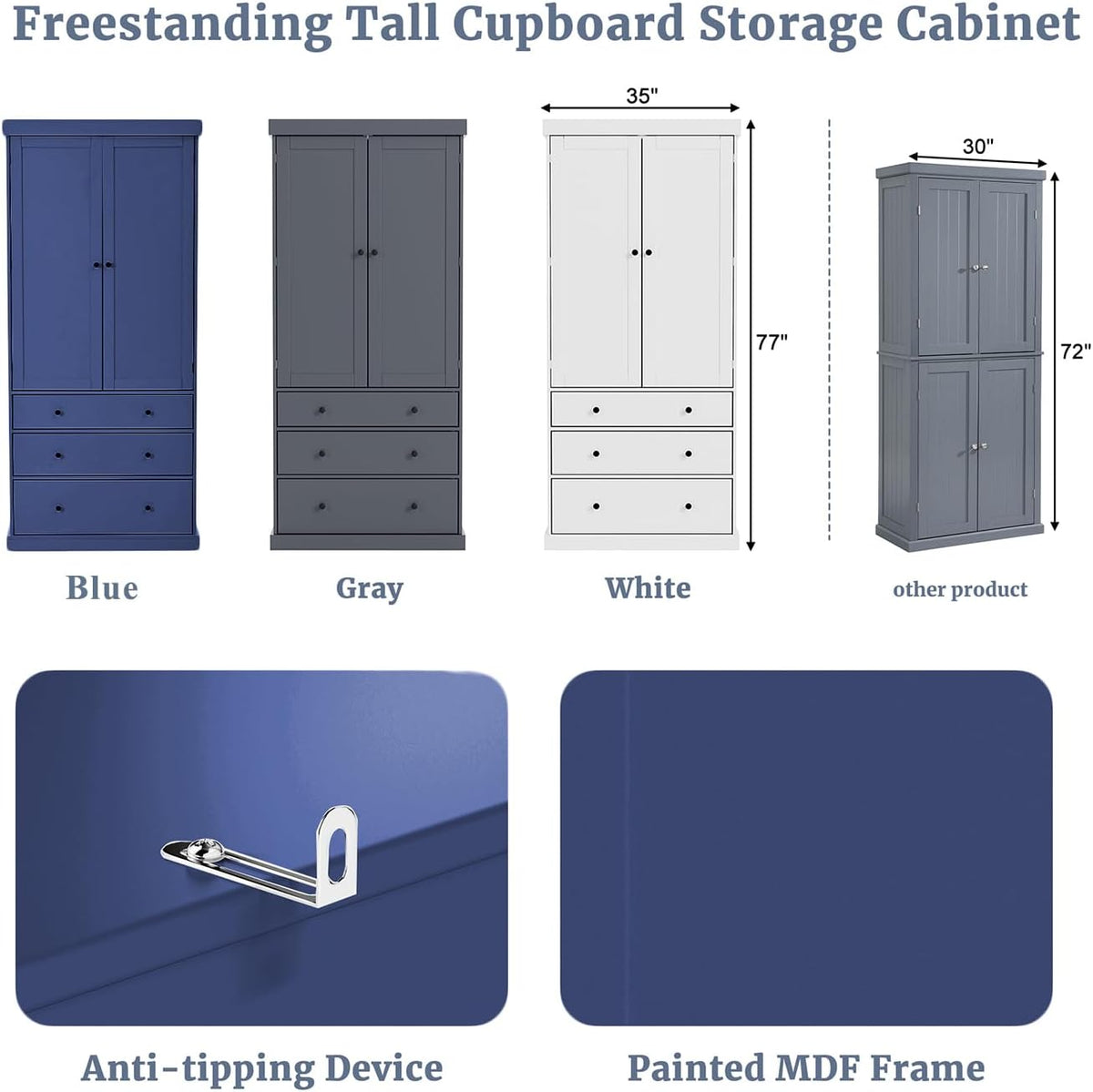 Pantry with 8 Door Shelves and 3 Drawers, 77inch Farmhouse Freestanding Tall Cupboard Storage Cabinet with 3 Adjustable Shelves for Kitchen Room (Blue)